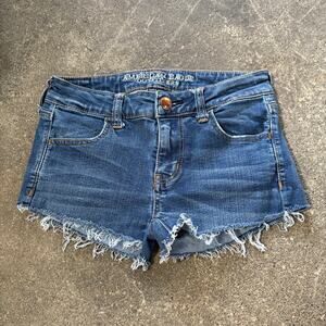 American Eagle Denim Jean Cut Off Shorts Womens 0 Blue Dark Faded Stretch 2"